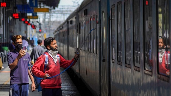 Amritsar: A worker sanitises a coach of Delhi-Amritsar Shatabdi Express Train after it resumed services, in Amritsar, Saturday, March 13, 2021. Train services were closed due to the coronavirus lockdown and later because of railway track blockade by farmers in protest against the farm laws. (PTI Photo)(PTI03_13_2021_000101B) (PTI) Amritsar: A worker sanitises a coach of Delhi-Amritsar Shatabdi Express Train after it resumed services, in Amritsar, Saturday, March 13, 2021. Train services were closed due to the coronavirus lockdown and later because of railway track blockade by farmers in protest against the farm laws. (PTI Photo)(PTI03_13_2021_000101B) (PTI)