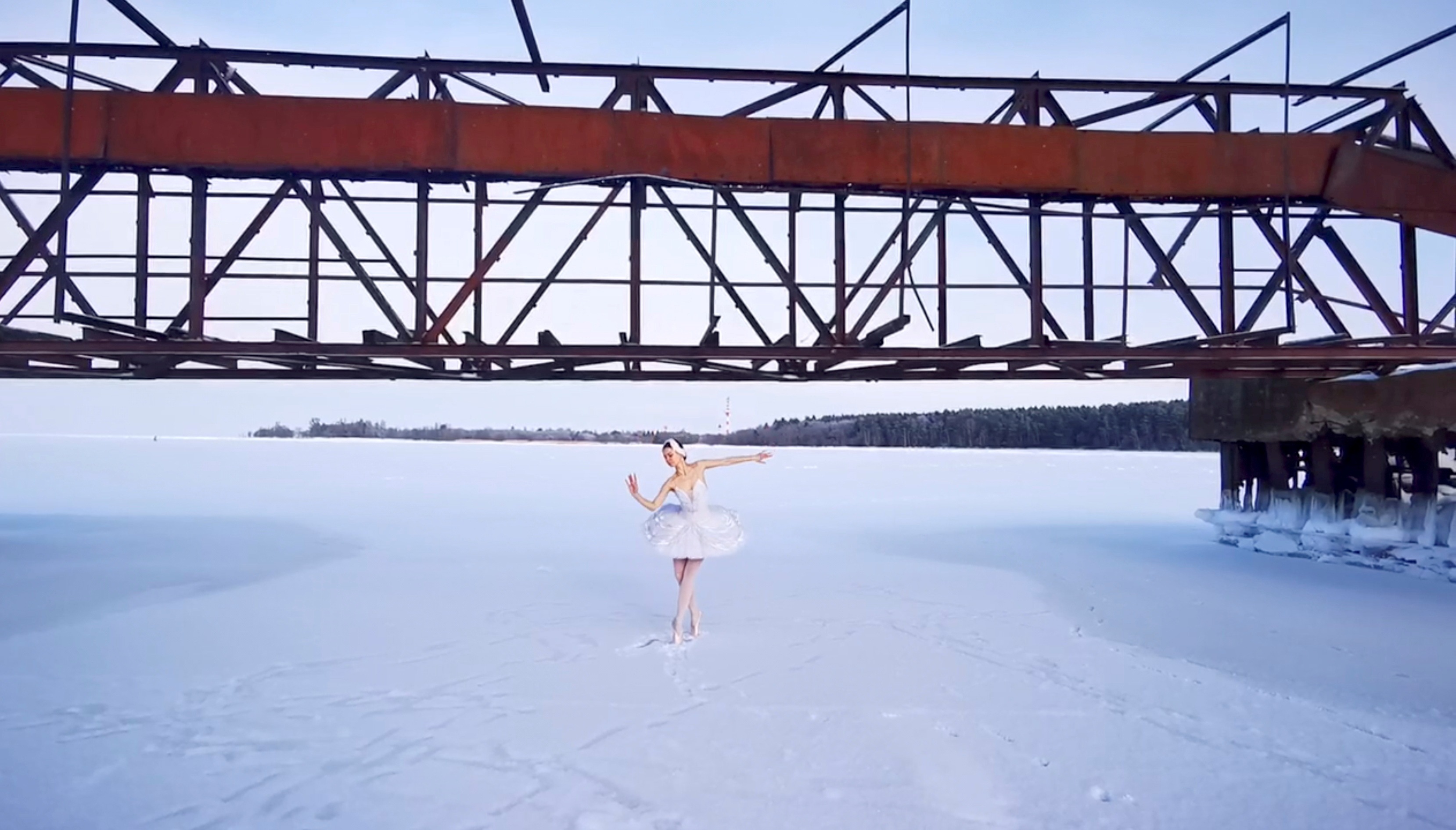 Ballet dancer from the Mariinsky Theatre Ilmira Bagautdinova performs on the ice of frozen Batareynaya Bay to protest the construction of a grain terminal and other infrastructure in the Gulf of Finland, in Leningrad region, Russia, (REUTERS)