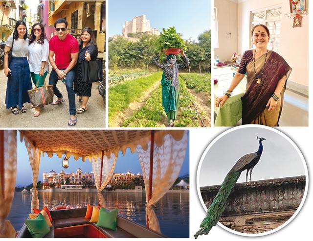 (Clockwise from far left) The author and her daughter with Rohit and Manasi Joshi Roy after a fulfilling Koli seafood thali; A farmer at Alila Fort Bishangarh; Harsha Tapke, a Koli fisherwoman, at her home in Versova; A peacock enjoying the monsoon at Deo Bagh, Gwalior; the stunning Leela Palace Udaipur (Clockwise from far left) The author and her daughter with Rohit and Manasi Joshi Roy after a fulfilling Koli seafood thali; A farmer at Alila Fort Bishangarh; Harsha Tapke, a Koli fisherwoman, at her home in Versova; A peacock enjoying the monsoon at Deo Bagh, Gwalior; the stunning Leela Palace Udaipur