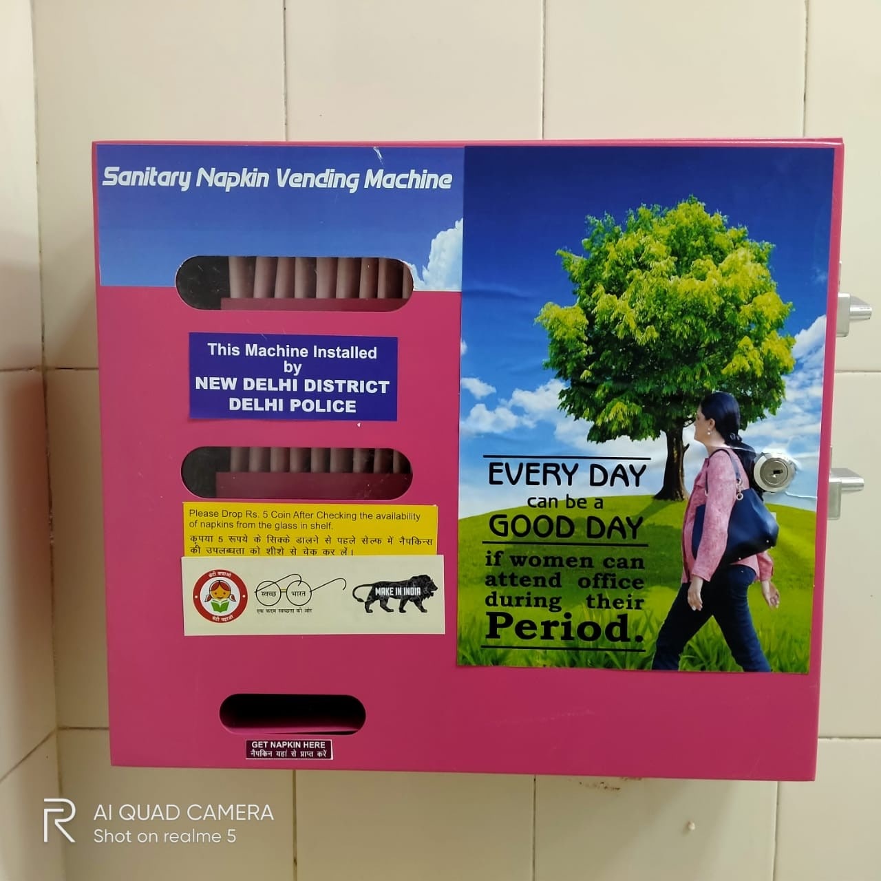 Sanitary pads available through this machine are priced at ₹5, and can be accessed by both cops and visitors. Sanitary pads available through this machine are priced at ₹5, and can be accessed by both cops and visitors.