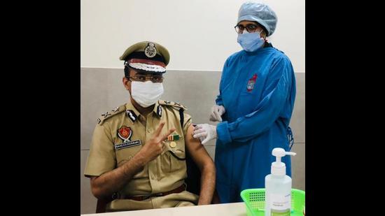 Police commissioner Rakesh Agrawal receiving the second dose of Covid-19 vaccine in Ludhiana. (HT PHOTO) Police commissioner Rakesh Agrawal receiving the second dose of Covid-19 vaccine in Ludhiana. (HT PHOTO)