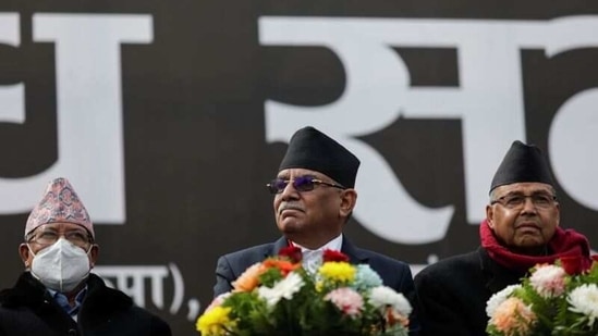 Prachanda, along with Madhav Kumar Nepal and Jhala Nath Khanal, who are opposing the current Prime Minister Khadga Prasad Sharma Oli seen at a gathering. (Reuters File) Prachanda, along with Madhav Kumar Nepal and Jhala Nath Khanal, who are opposing the current Prime Minister Khadga Prasad Sharma Oli seen at a gathering. (Reuters File)