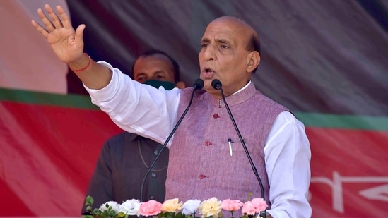 Defence minister Rajnath Singh addresses during an election campaign rally ahead of the Assam assembly polls, in Biswanath on Sunday. (ANI Photo)