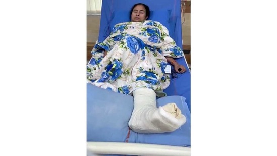 West Bengal CM Mamata Banerjee at SSKM Hospital after getting injured during an election rally, in Kolkata, on March 11. Banerjee sustained injuries on her leg, waist, and neck following an attack in Nandigram hours after she filed her nomination from the constituency on March 10.(ANI )