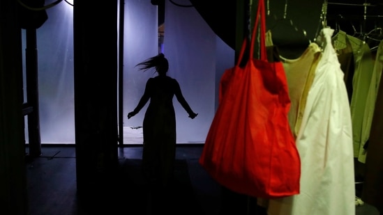 Actress Lena Drossaki during a rehearsal of "The Free Besieged" at the Greek National Theater in Athens, Tuesday, March 2, 2021. (AP)