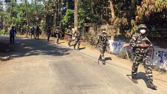 Central security forces conduct root march as they take stock of the security arrangements ahead of the Assembly polls at Santoshpur, near Barasat, in North 24 Parganas, on March 14.