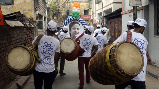 Drummers seen during an election rally in Kolkata, on March 13. West Bengal will hold elections for its 294-member assembly in eight phases beginning from March 27. The voting will conclude on April 29 and the counting will take place on May 2.(ANI)