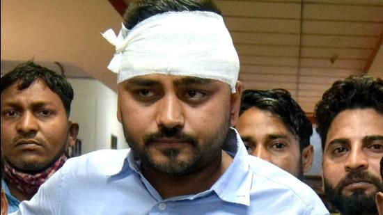 Victiim Pankaj Valmiki after receiving treatment at the Panchkula Civil Hospital on Sunday. (Sant Arora/HT)