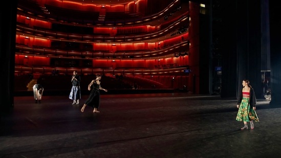 Dancers of the Greek National Opera Ballet, perform during a rehearsal of "Despo-Greek Dances" Opera and dance performance in Athens, Friday, Feb. 26, 2021. (AP)