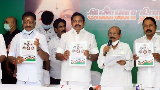 Chennai: Tamil Nadu Chief Minister K Palaniswami and AIADMK party leaders during the release of party's manifesto. (PTI)