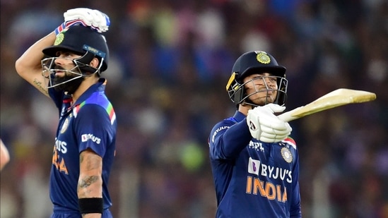 Ahmedabad: Indian batsman I Kishan returns to the pavillion after being dismissed as Virat Kohli (L) looks on, during second T20 cricket match between India and England, at Narendra Modi Stadium in Ahmedabad. (PTI)