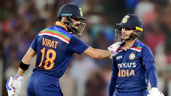 Ahmedabad: Indian captain Virat Kohli and I Kishan during second T20 cricket match between India and England, at Narendra Modi Stadium in Ahmedabad. (PTI)