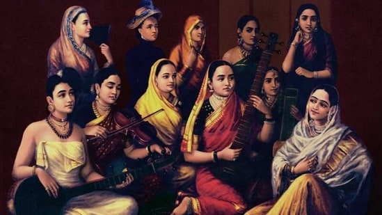 ndian women dressed in regional attire playing a variety of musical instruments popular in different parts of the country - painted by Raja Ravi Varma (Wikimedia Commons)