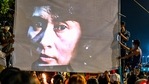 An image of detained civilian leader Aung San Suu Kyi is projected on a screen during a night-time demonstration by protesters against the military coup in Yangon on March 13, 2021. (AFP) An image of detained civilian leader Aung San Suu Kyi is projected on a screen during a night-time demonstration by protesters against the military coup in Yangon on March 13, 2021. (AFP)