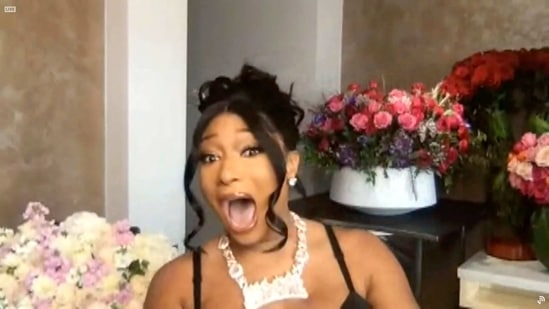 Grammy Awards 2021: Megan Thee Stallion accepts the Best Rap Performance award for Savage (with Beyonce) at the ceremony.(AFP) Grammy Awards 2021: Megan Thee Stallion accepts the Best Rap Performance award for Savage (with Beyonce) at the ceremony.(AFP)