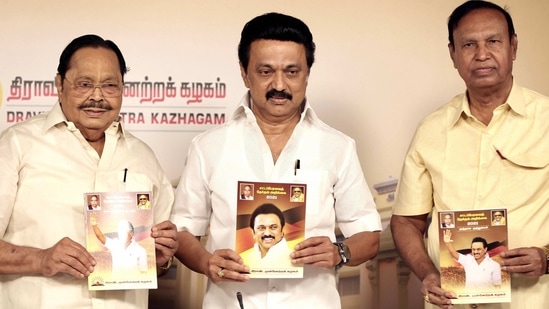 MK Stalin while releasing the party manifesto told reporters, “Usually, the DMK’s manifesto is considered as the hero of the elections. This time many are saying our candidates' list is the hero, so I’m releasing the second hero.” (PTI Photo/R Senthil Kumar)(PTI) MK Stalin while releasing the party manifesto told reporters, “Usually, the DMK’s manifesto is considered as the hero of the elections. This time many are saying our candidates' list is the hero, so I’m releasing the second hero.” (PTI Photo/R Senthil Kumar)(PTI)