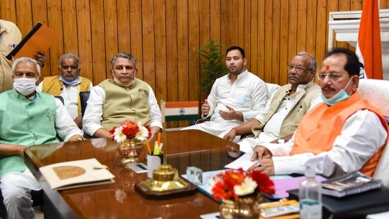 Bihar Assembly Speaker Vijay Kumar Sinha with Deputy CM Tarkishor Prasad, RJD leader Tejashwi Yadav and others in an-all party meeting during the Budget Session, in Patna on Monday. (PTI) Bihar Assembly Speaker Vijay Kumar Sinha with Deputy CM Tarkishor Prasad, RJD leader Tejashwi Yadav and others in an-all party meeting during the Budget Session, in Patna on Monday. (PTI)