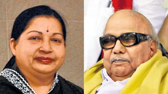 Both M Karunanidhi and J Jayalalithaa, who shared the chief minister’s post between them for 32 out of the last 52 years, are dead now. If we include the term of M G Ramachandran, whose political legacy Jayalalithaa inherited, the chief minister’s post was held between the three people for 42 of the last 52 years.(HT Illustration)
