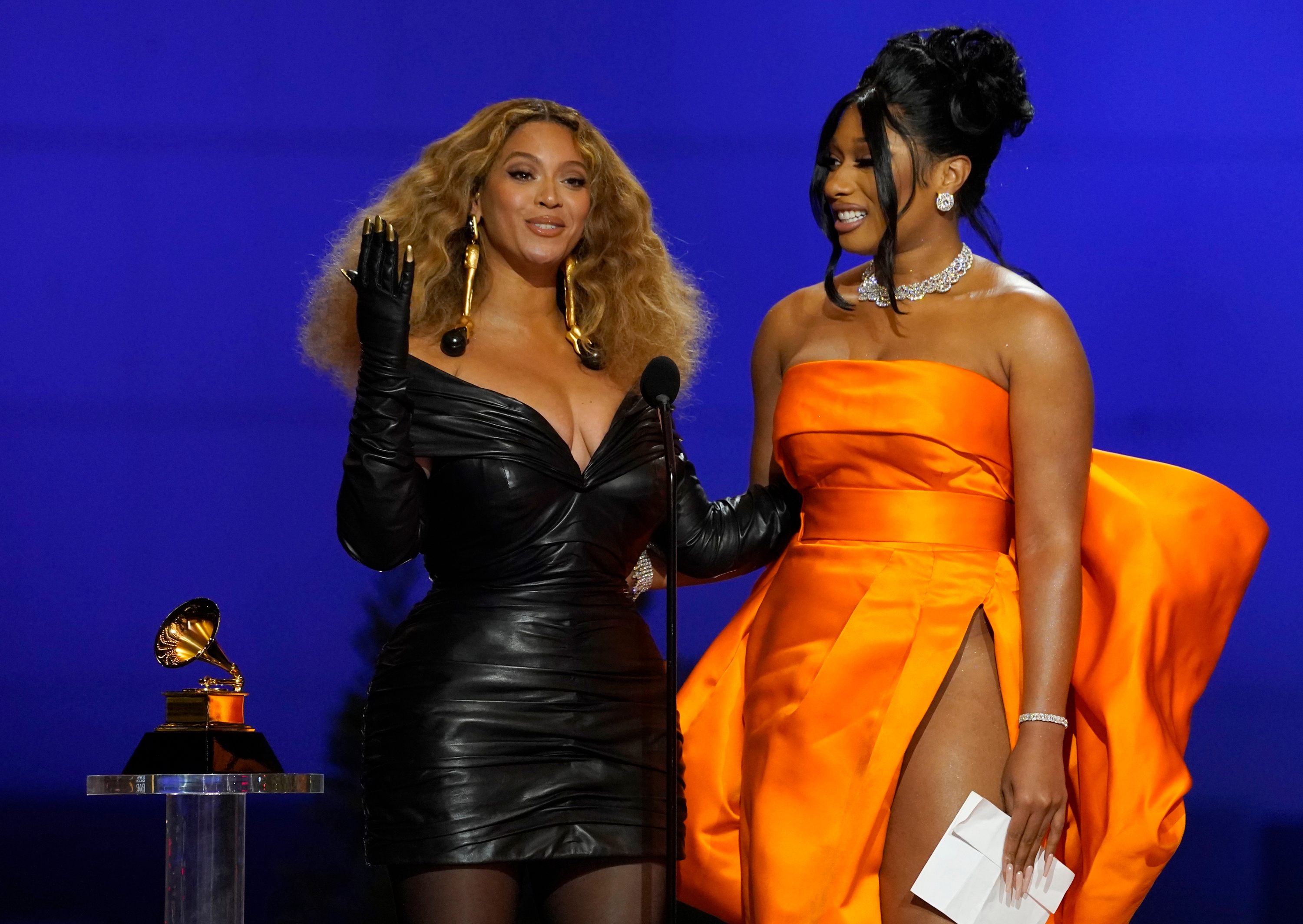 Beyonce (L) and Megan Thee Stallion accepting the award for best rap song for "Savage" at the 63rd annual Grammy Awards, at the Los Angeles Convention Center on March 14. Beyonce added 4 wins at the event, taking her career haul to 28 Grammys. She broke the record set by veteran singer Alison Krauss and trails only classical conductor Sir George Solti, who still holds the all-time record with 31 Grammys. Beyonce (L) and Megan Thee Stallion accepting the award for best rap song for "Savage" at the 63rd annual Grammy Awards, at the Los Angeles Convention Center on March 14. Beyonce added 4 wins at the event, taking her career haul to 28 Grammys. She broke the record set by veteran singer Alison Krauss and trails only classical conductor Sir George Solti, who still holds the all-time record with 31 Grammys.