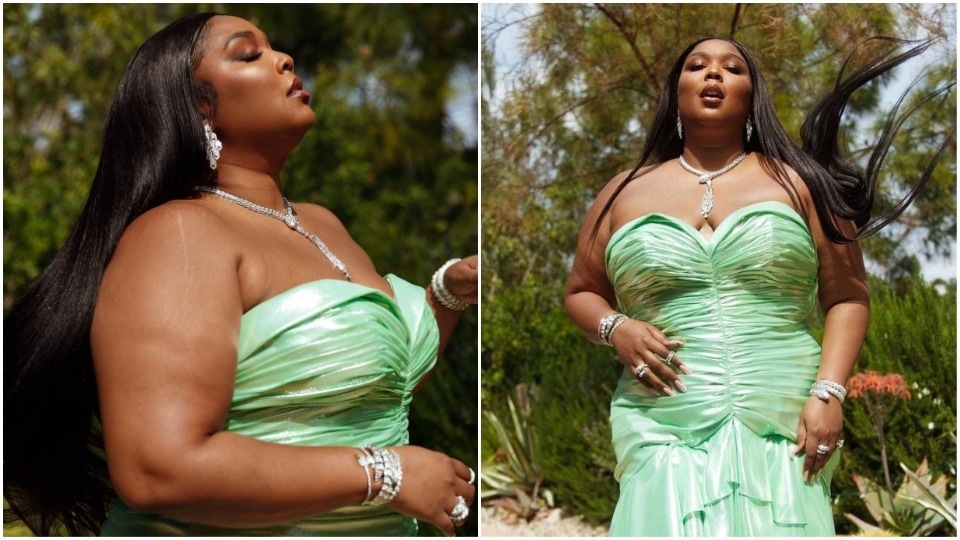 lizzo green dress Lizzo's 2021 GRAMMYs Look Is One Of Her Best Dresses To Date