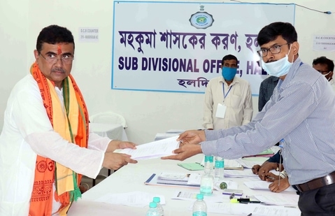 BJP leader Suvendu Adhikari files his nomination as the party's candidate from Nandigram for West Bengal Elections 2021, on Friday.(ANI Photo)