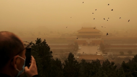A visitor wearing a face mask films birds flying past the Forbidden City at Jingshan Park during the sandstorm, in Beijing, on March 15. Residents used goggles, masks and hairnets to protect themselves from the choking dust and sand, with landmarks including the Forbidden City partly obscured behind an apocalyptic-looking haze.(Tingshu Wang / REUTERS)