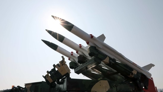 Akash surface-to-air missiles are displayed at the Defence Research and Development Organisation (DRDO) area during the DefExpo 20 in Lucknow, Uttar Pradesh in this file picture from 2020. (Bloomberg)