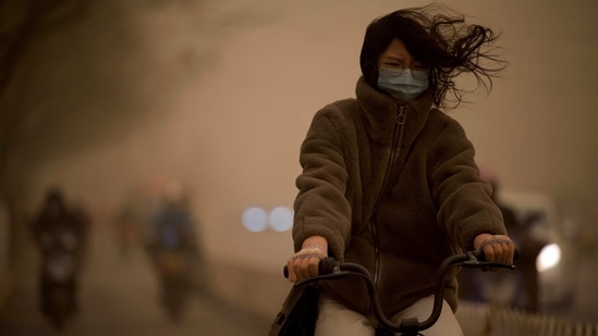 A woman cycles along a street during the sandstorm in Beijing, on March 15. Chinese weather agencies blamed the poor air quality on a sandstorm sweeping across northern China from northern Mongolia, where authorities there said it had left several dead, before being carried south by winds and reducing visibility in Beijing to less than 500 metres, AFP reported.(Noel Celis / AFP)