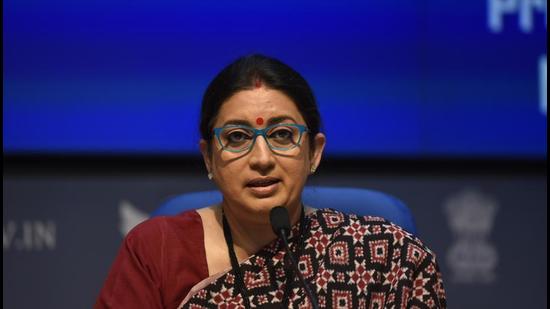 New Delhi, India - Feb. 17, 2021: Union Minister Smriti Zubin Irani during a cabinet briefing, at National Media Centre in New Delhi, India, on Wednesday, February 17, 2021. (Photo by Sanjeev Verma/ Hindustan Times) (Sanjeev Verma/HT PHOTO) New Delhi, India - Feb. 17, 2021: Union Minister Smriti Zubin Irani during a cabinet briefing, at National Media Centre in New Delhi, India, on Wednesday, February 17, 2021. (Photo by Sanjeev Verma/ Hindustan Times) (Sanjeev Verma/HT PHOTO)