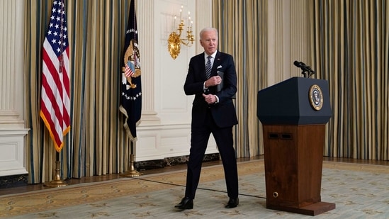 President Joe Biden departs after speaking about the Covid-19 relief package in the State Dining Room of the White House.(AP)