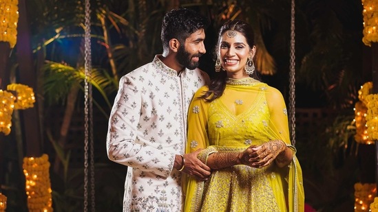 Jasprit Bumrah and Sanjana Ganesan dressed in in Anita Dongre for their Mehendi ceremony.