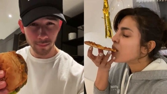 Priyanka Chopra bites into a pizza while Nick Jonas enjoys a cheeseburger. 