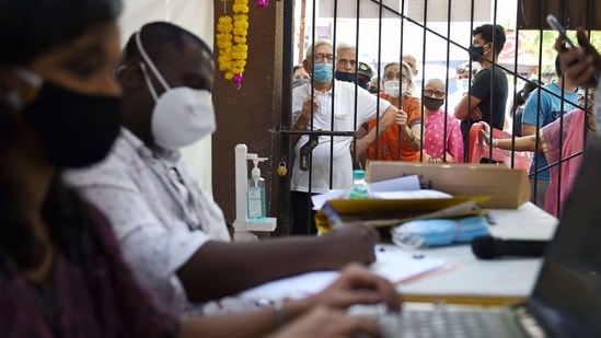 Vaccination for senior citizens going on at a hospital in Mumbai.(PTI)