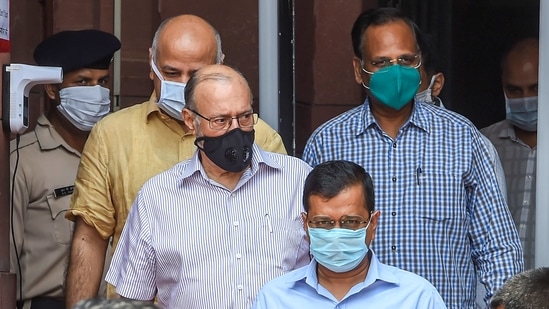 Delhi's CM Arvind Kejriwal, Lt Governor Anil Baijal, deputy CM Manish Sisodia and health minister Satyender Jain leave North Block after attending a meeting with Union home minister Amit Shah in this file picture from 2020. (PTI) Delhi's CM Arvind Kejriwal, Lt Governor Anil Baijal, deputy CM Manish Sisodia and health minister Satyender Jain leave North Block after attending a meeting with Union home minister Amit Shah in this file picture from 2020. (PTI)