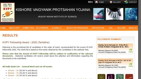 IISC KVPY result 2020.(Screengrab )