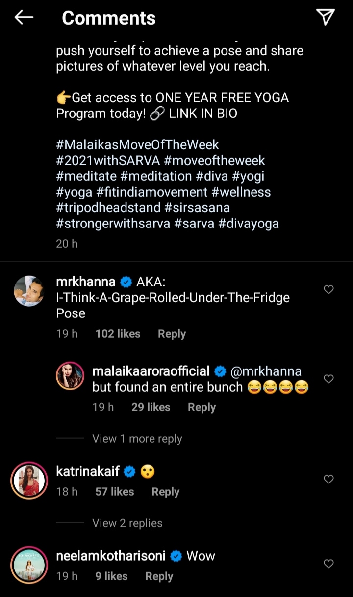 Katrina Kaif's comment on Malaika Arora's video(Instagram/malaikaaroraofficial) Katrina Kaif's comment on Malaika Arora's video(Instagram/malaikaaroraofficial)