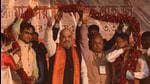 Union Home Minister Amit Shah gestures during a mass rally of All India Matua Mahasangha in Thakurnagar, West Bengal, in February. (Samir Jana/HT Photo)