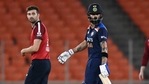 India's captain Virat Kohli (R), England pacer Mark Wood during the third T20I(AFP) India's captain Virat Kohli (R), England pacer Mark Wood during the third T20I(AFP)