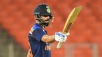 Indian captain Virat Kohli celebrates his half-century during the third T20 cricket against England in Ahmedabad(PTI) Indian captain Virat Kohli celebrates his half-century during the third T20 cricket against England in Ahmedabad(PTI)