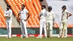 India's Ravichandran Ashwin, second left, and teammates await for third umpire's decision after asking for a review. (AP)