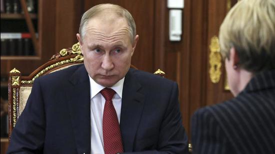Russian President Vladimir Putin attends an event in Moscow on March 15, 2021. (AP)
