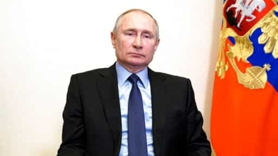 Russian President Vladimir Putin chairs a Security Council meeting via video conference at the Novo-Ogaryovo residence outside Moscow, Russia, Friday, March 12, 2021. (Alexei Druzhinin, Sputnik, Kremlin Pool Photo via AP)