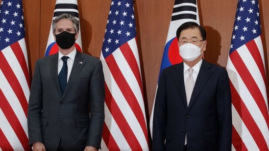 Austin and Blinken will meet their South Korean counterparts for separate talks Wednesday and a joint “two plus two” meeting Thursday, the first such contact between the two countries in five years. (AFP) Austin and Blinken will meet their South Korean counterparts for separate talks Wednesday and a joint “two plus two” meeting Thursday, the first such contact between the two countries in five years. (AFP)
