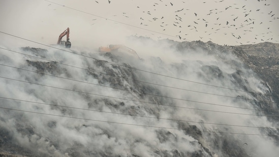Smoke billows from the Gazipur landfill site after a fire, in New Delhi. (PTI Photo)
