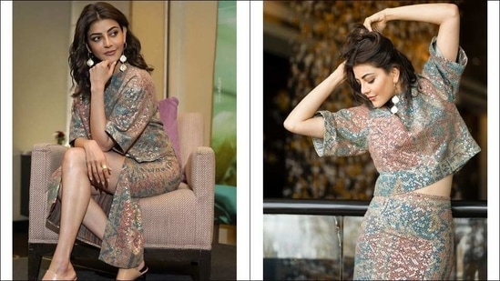 Kajal Aggarwal channels hot vibes, promotes Mosagallu in sequins top-slit skirt(Instagram/kajalaggarwalofficial)