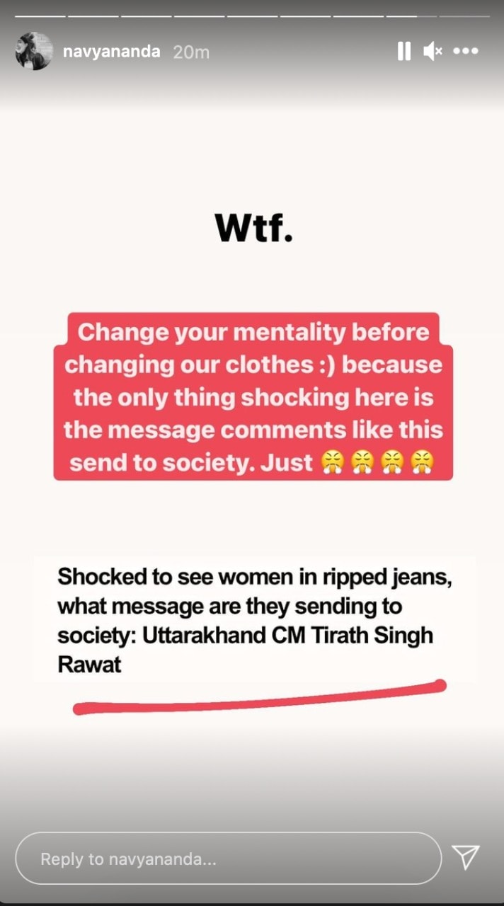 Navya Naveli Nanda reacts to Uttarakhand Chief Minister Tirath Singh Rawat's comment on ripped jeans.