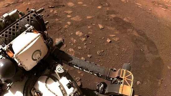Wheel tread marks are left in the soil of Jezero Crater on Mars byNASA's Mars rover Perseverance.(Via REUTERS)