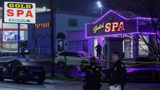 City of Atlanta police officers are seen outside of Gold Spa after deadly shootings at a massage parlor and two day spas in the Atlanta area, in Atlanta, Georgia, U.S. March 16, 2021. (REUTERS)
