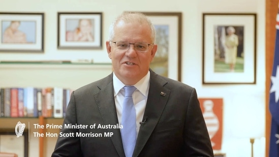 Australian Prime Minister Scott Morrison speaks in a 2021 video by Irish Department Of Foreign Affairs with St Patrick's Day wishes.(Reuters)