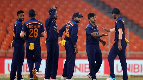  India v England - Narendra Modi Stadium, Ahmedabad, India - March 18, 2021 India's Shardul Thakur celebrates taking the wicket of England's Ben Stokes with teammates (REUTERS)
